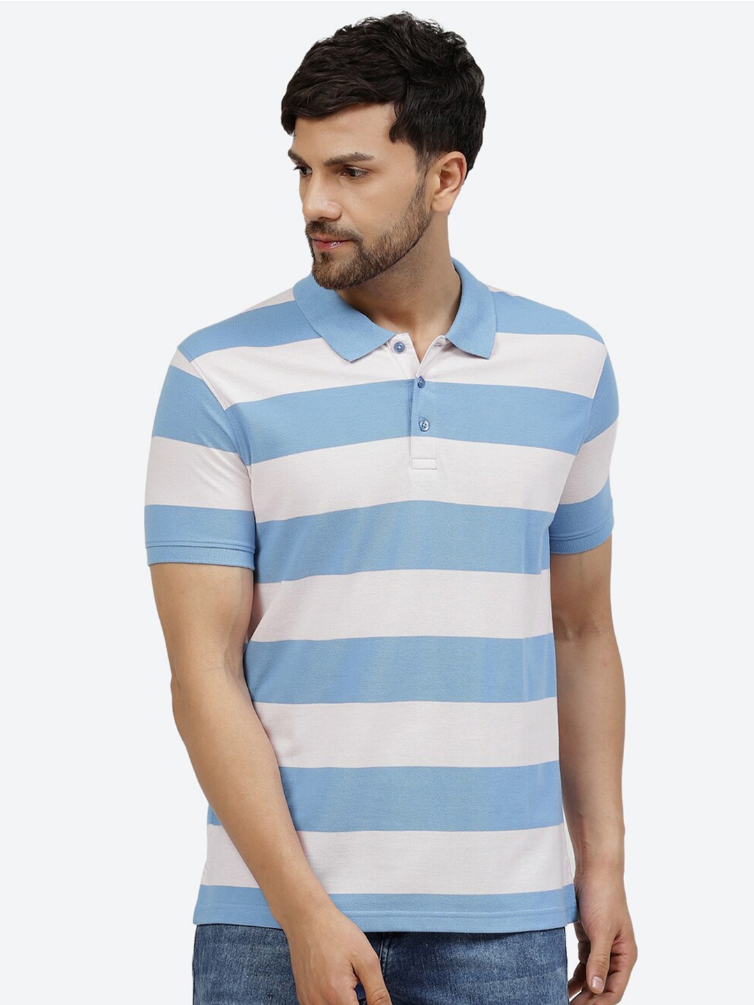 

2Bme Striped Polo Collar Cotton T-shirt, Blue