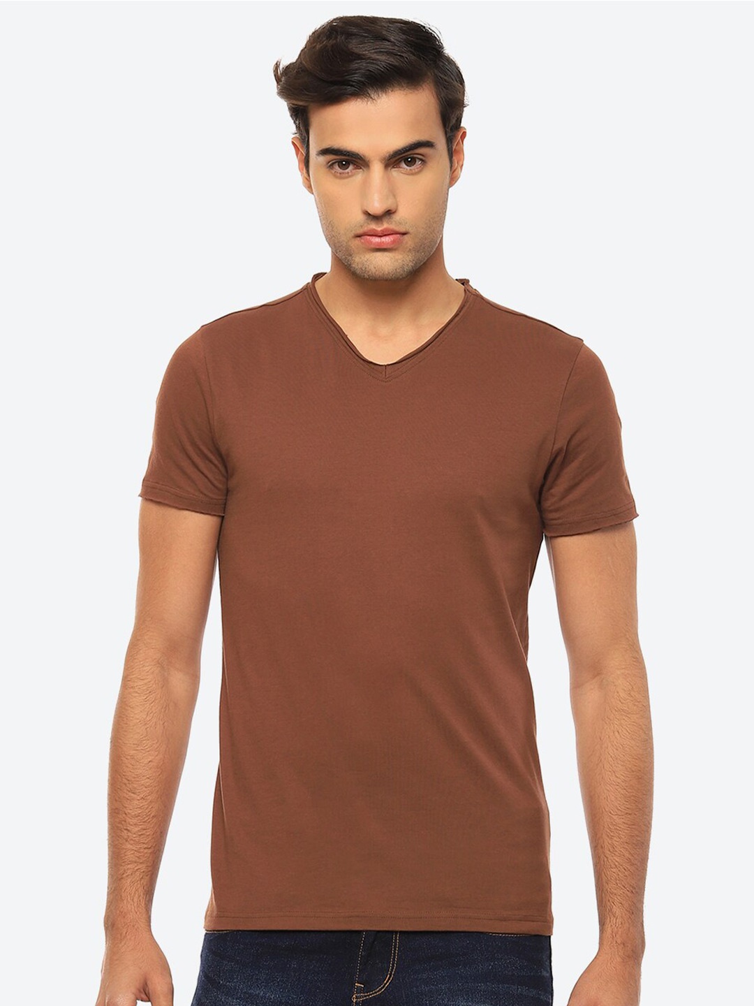 

2Bme V-Neck Short Sleeves Cotton T-shirt, Brown