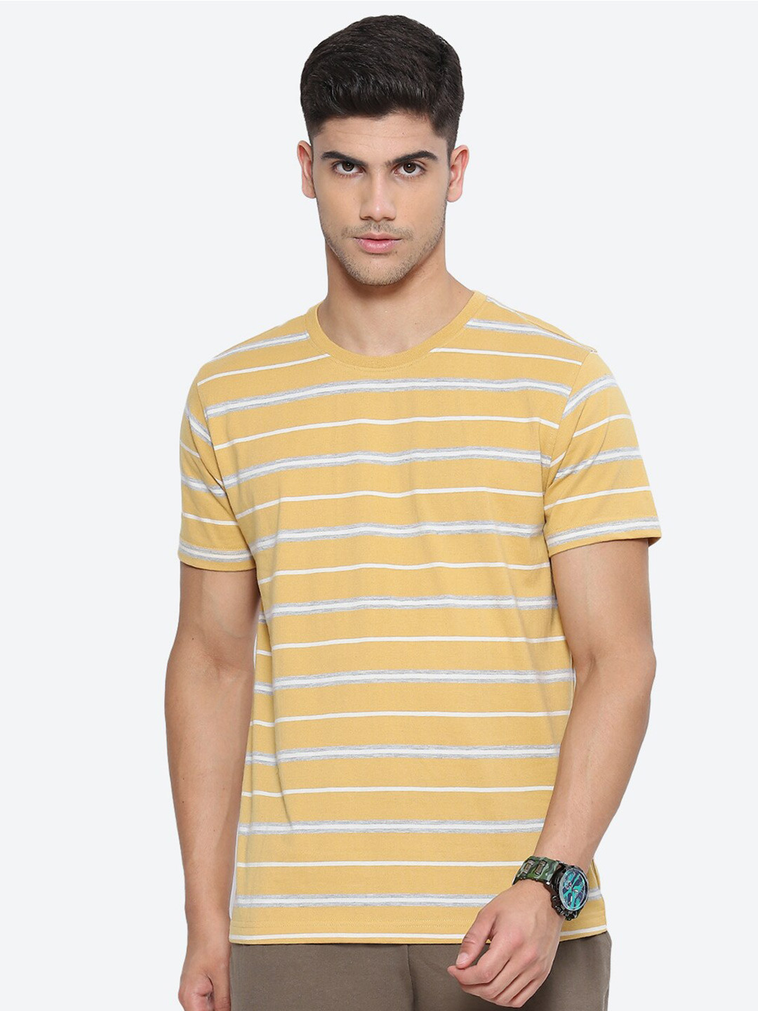 

2Bme Vertical Striped Round Neck Cotton T-shirt, Yellow
