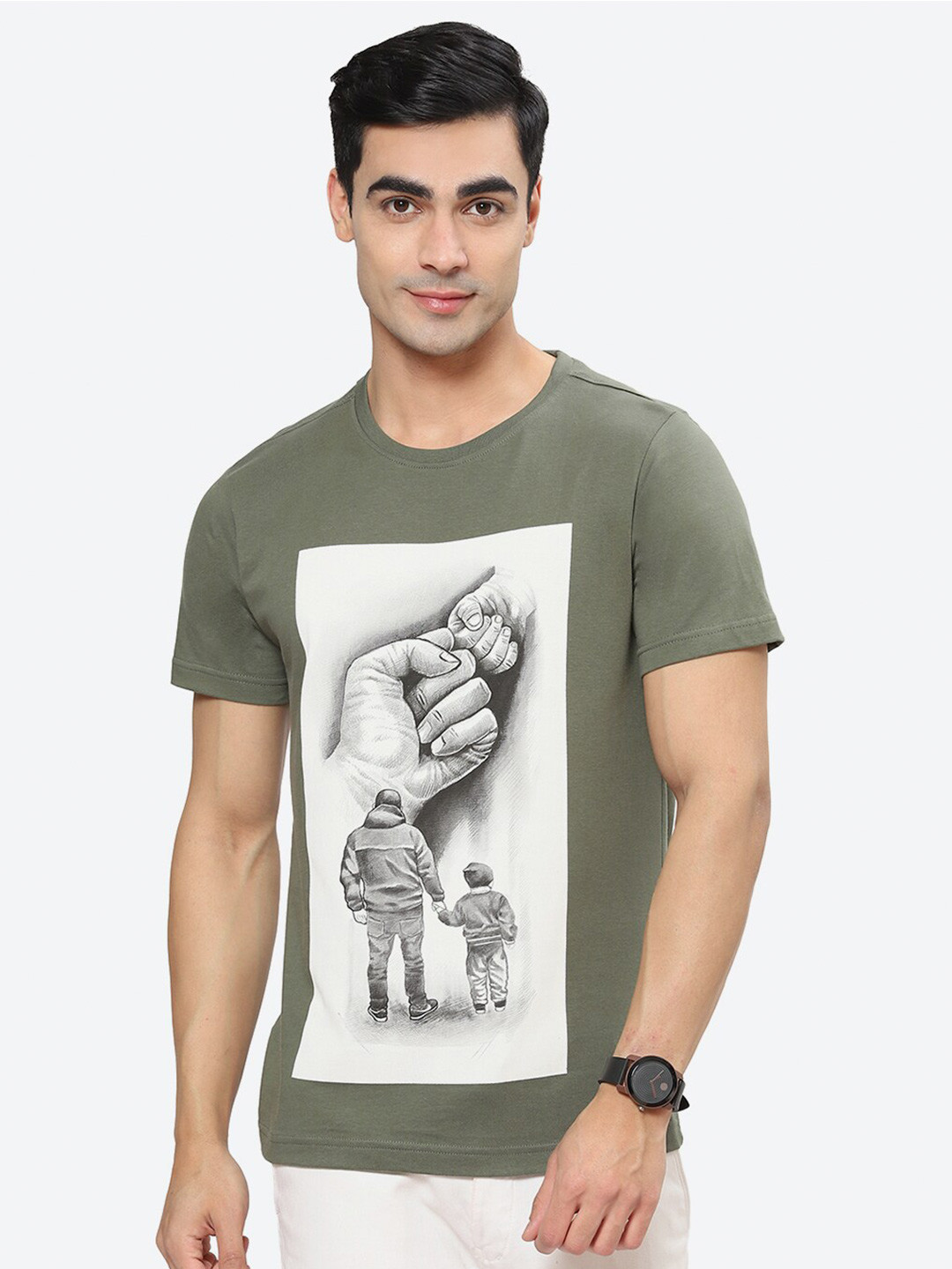 

2Bme Graphic Printed Round Neck Cotton T-shirt, Olive