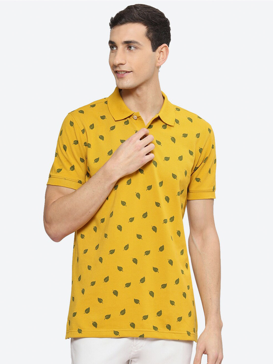 

2Bme Floral Printed Polo Collar Cotton T-Shirt, Mustard