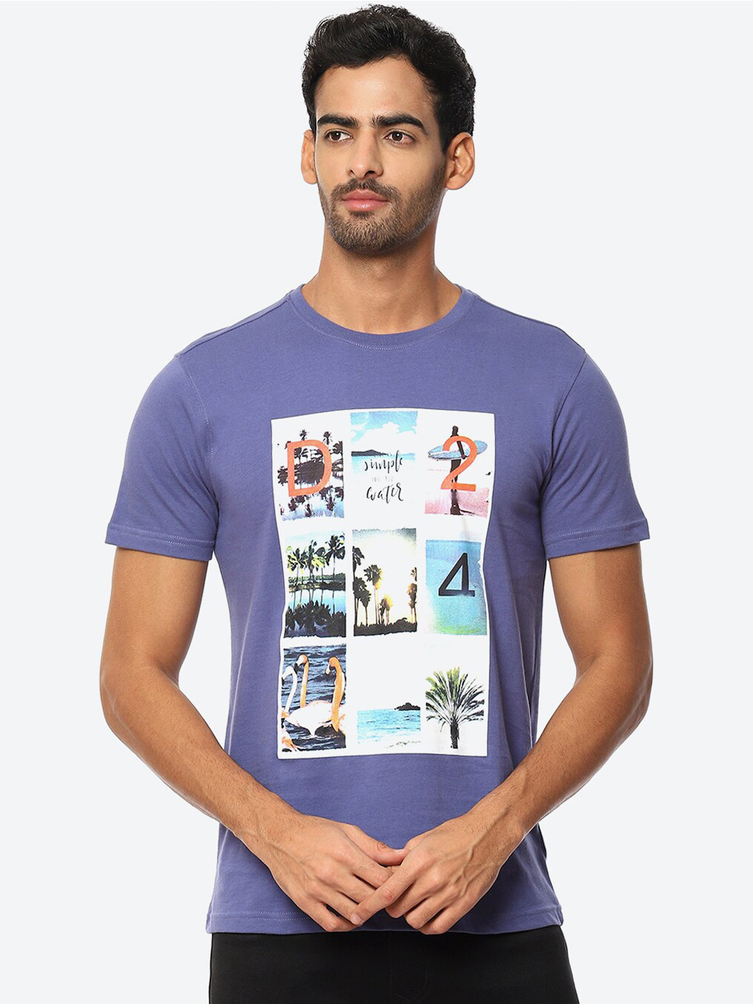 

2Bme People and Places Printed Tropical Cotton Slim Fit T-shirt, Blue