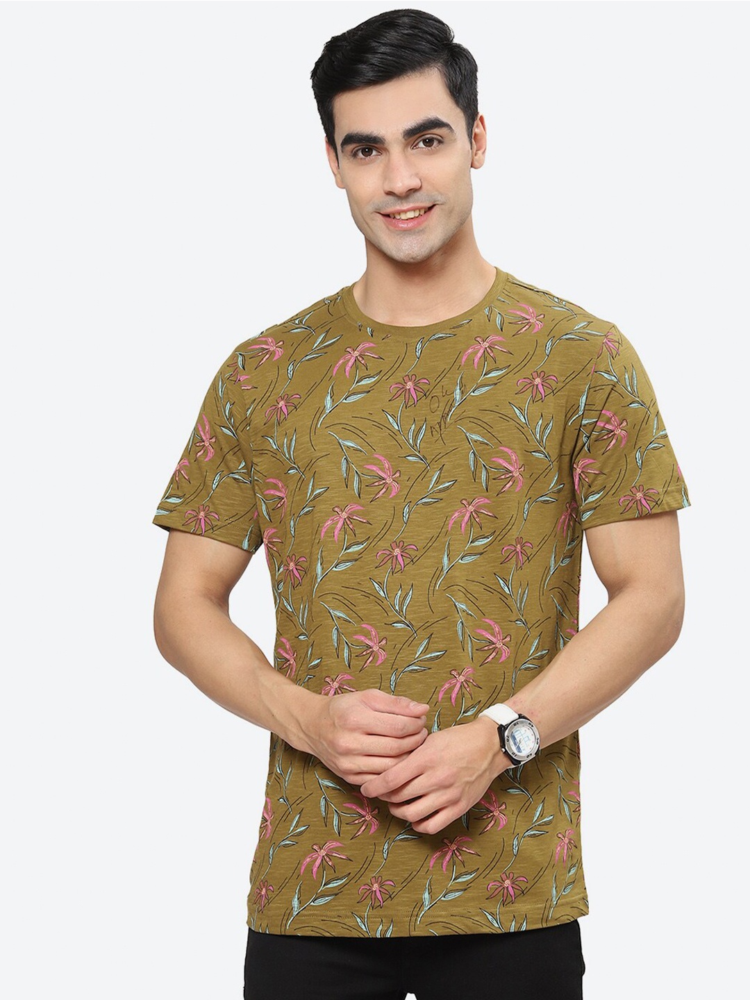 

2Bme Floral Printed Round Neck Cotton Slim Fit T-shirt, Olive