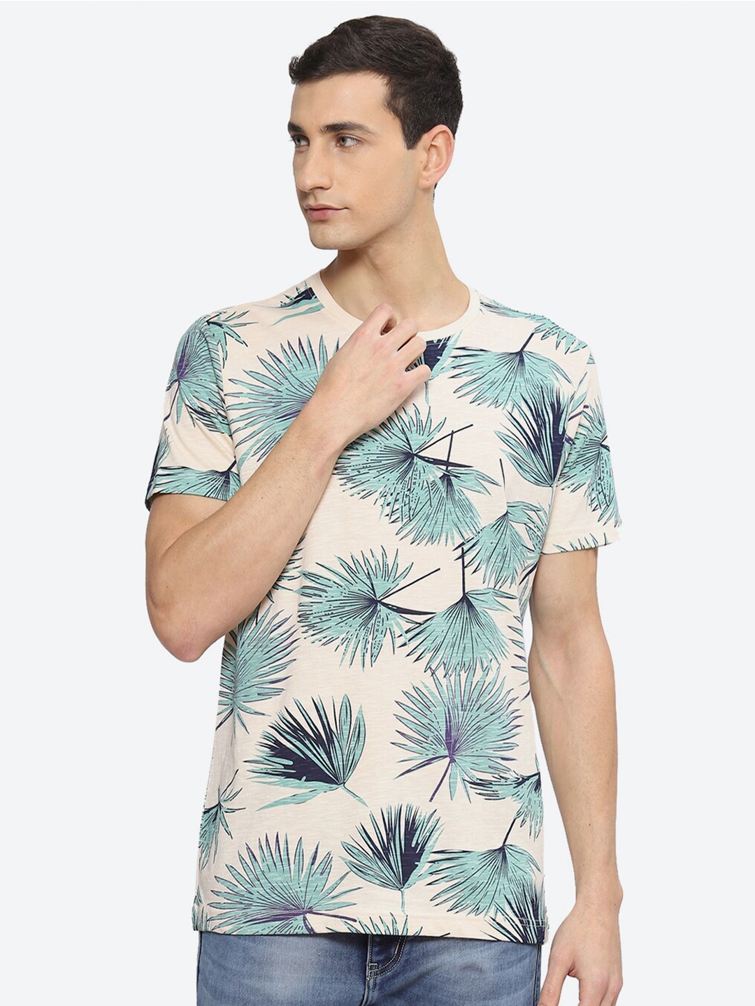 

2Bme Tropical Printed Round Neck Short Sleeves Pure Cotton T-shirt, Beige