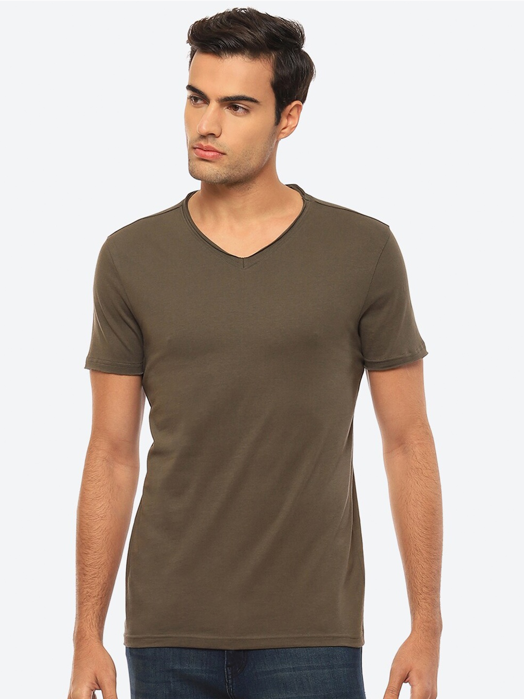 

2Bme V-Neck Short Sleeves Pure Cotton T-shirt, Olive