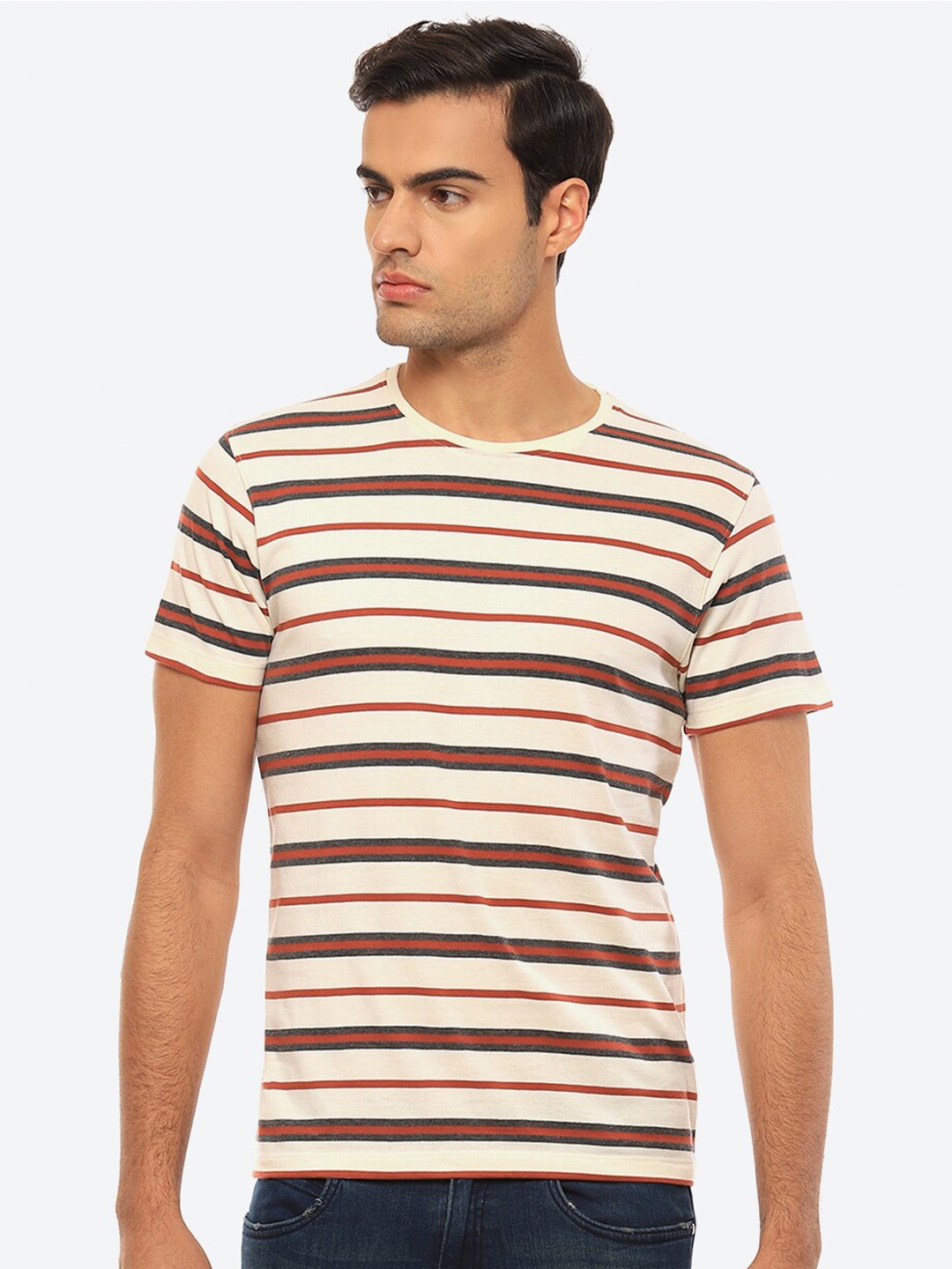 

2Bme Striped Round Neck Short Sleeves Pure Cotton T-shirt, Off white