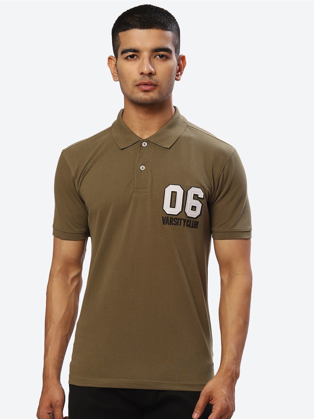 

2Bme Typography Polo Collar Short Sleeves Applique Pure Cotton T-shirt, Olive