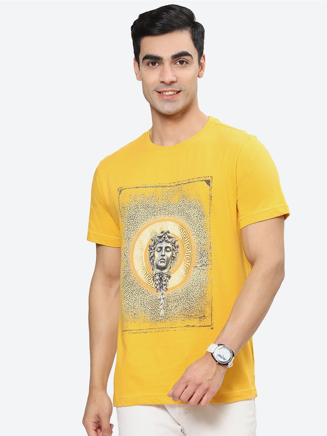 

2Bme Graphic Printed Round Neck Short Sleeves Pure Cotton T-shirt, Mustard