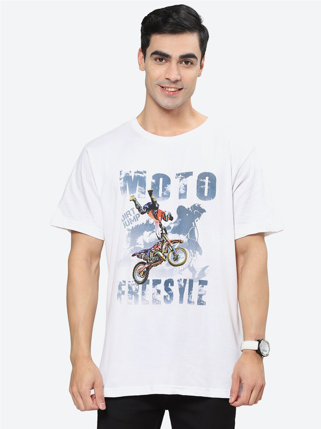 

2Bme Biker Printed Round Neck Short Sleeves Pure Cotton T-shirt, White