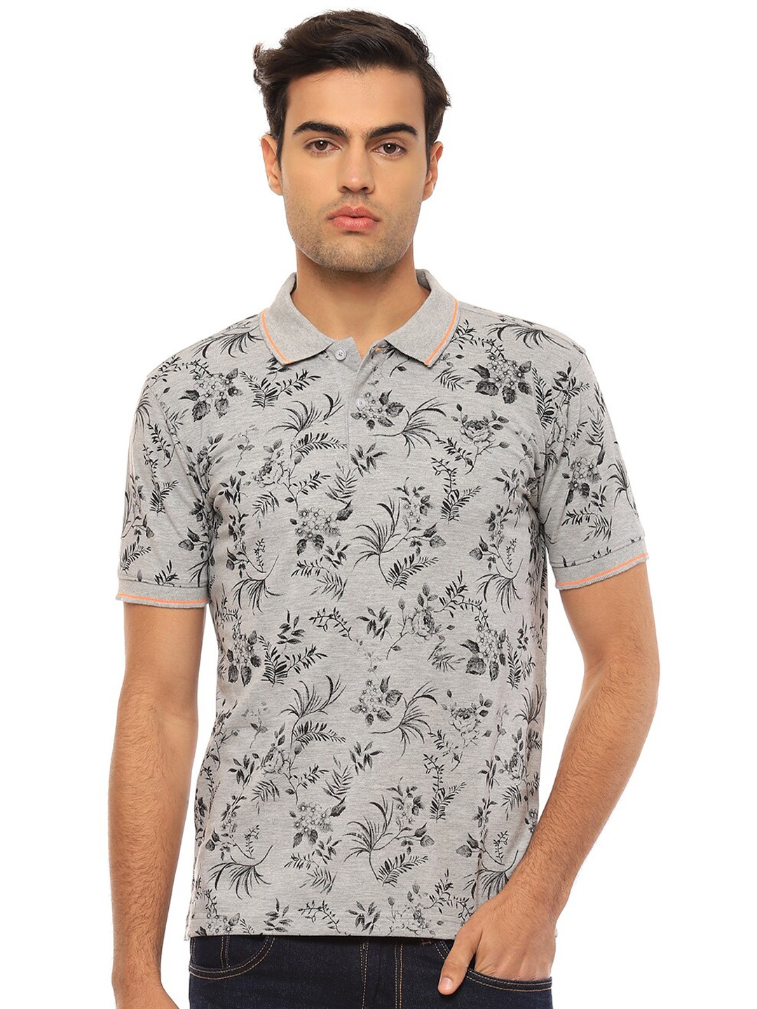 

2Bme Floral Printed Polo Collar Short Sleeves Pure Cotton T-shirt, Grey