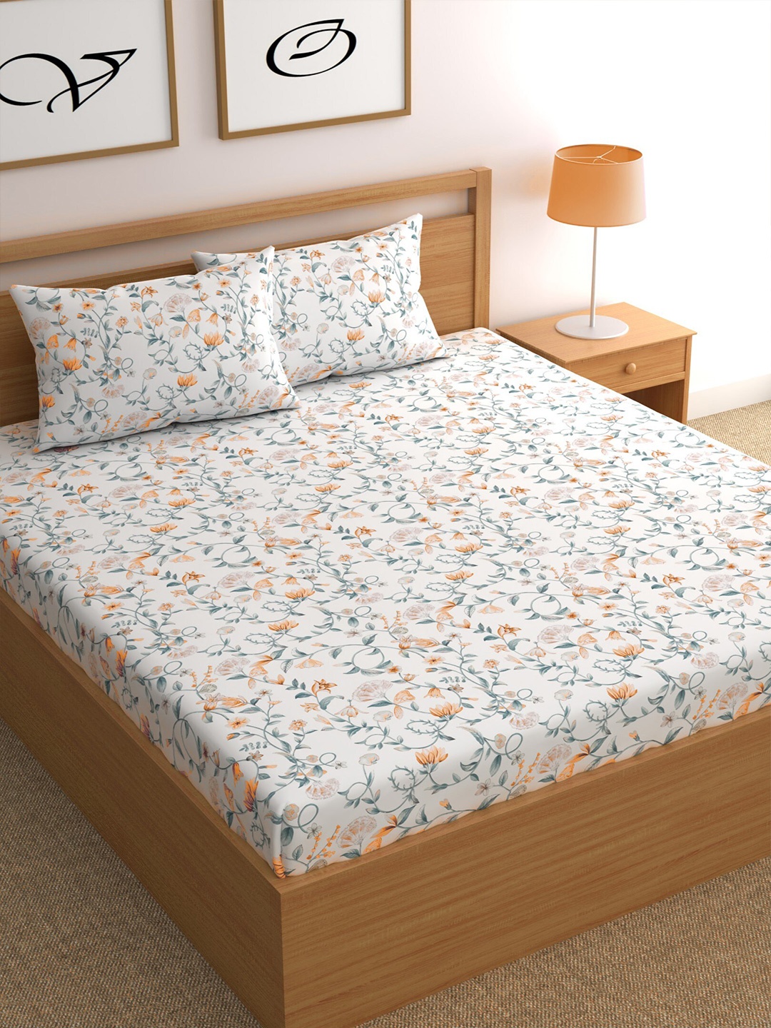 

CHHAVI INDIA White & Orange Floral Polycotton 210 TC Queen Bedsheet with 2 Pillow Covers