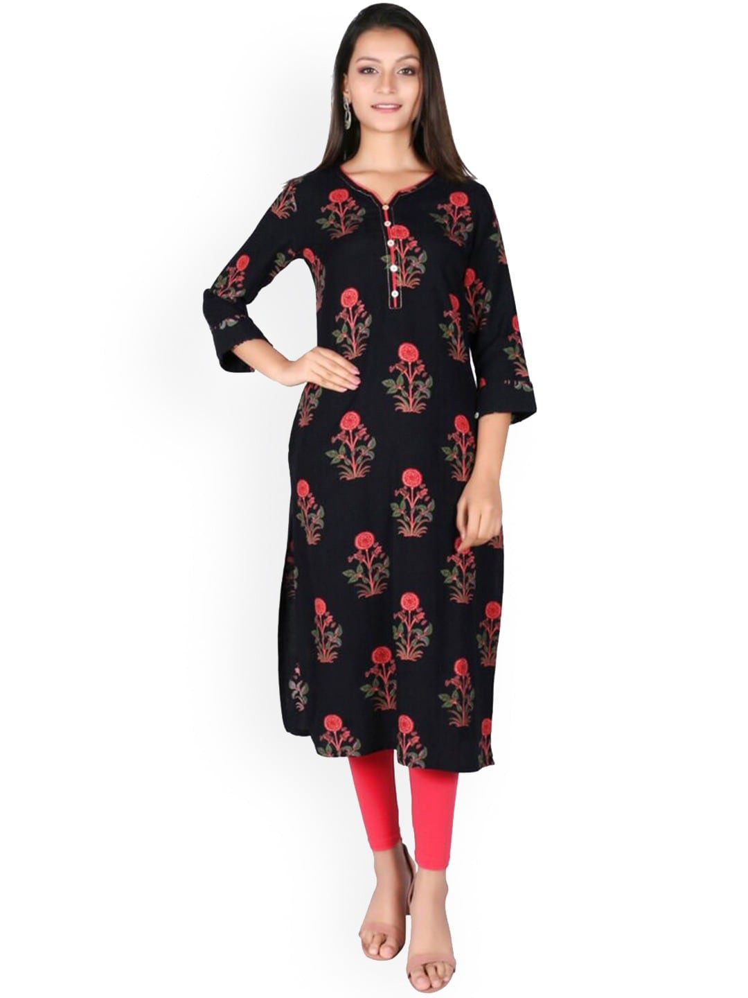 

SUTI Floral Printed Cotton Straight Kurta, Black