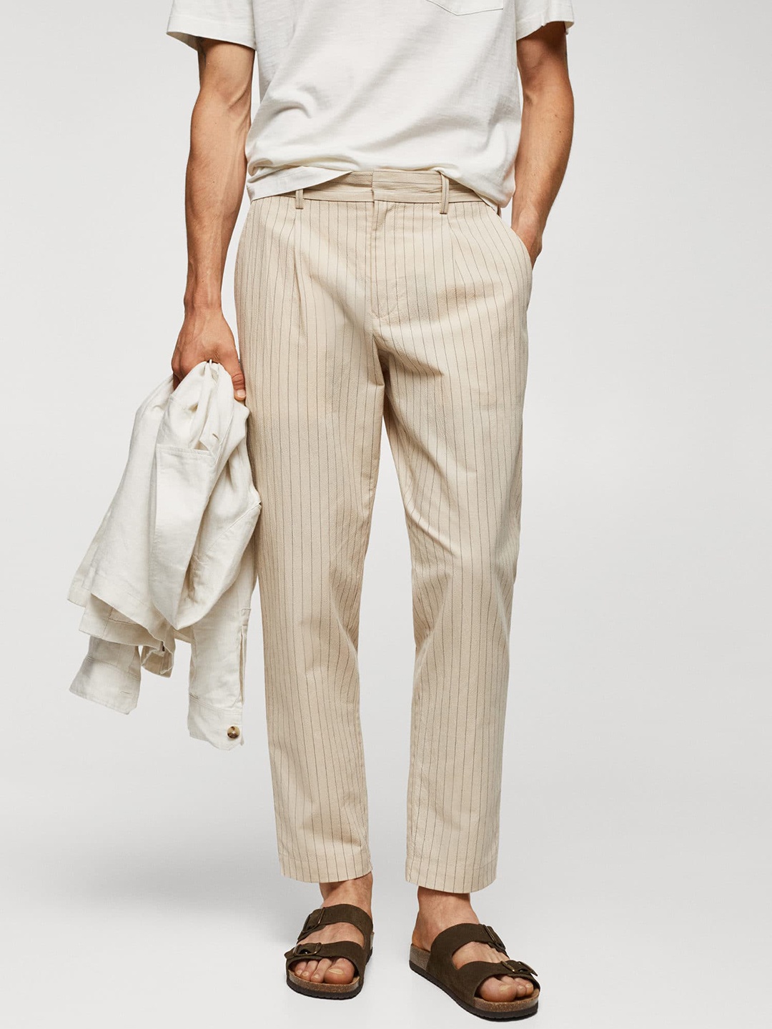 

MANGO MAN Cotton Linen Striped Pleated Trousers, Beige