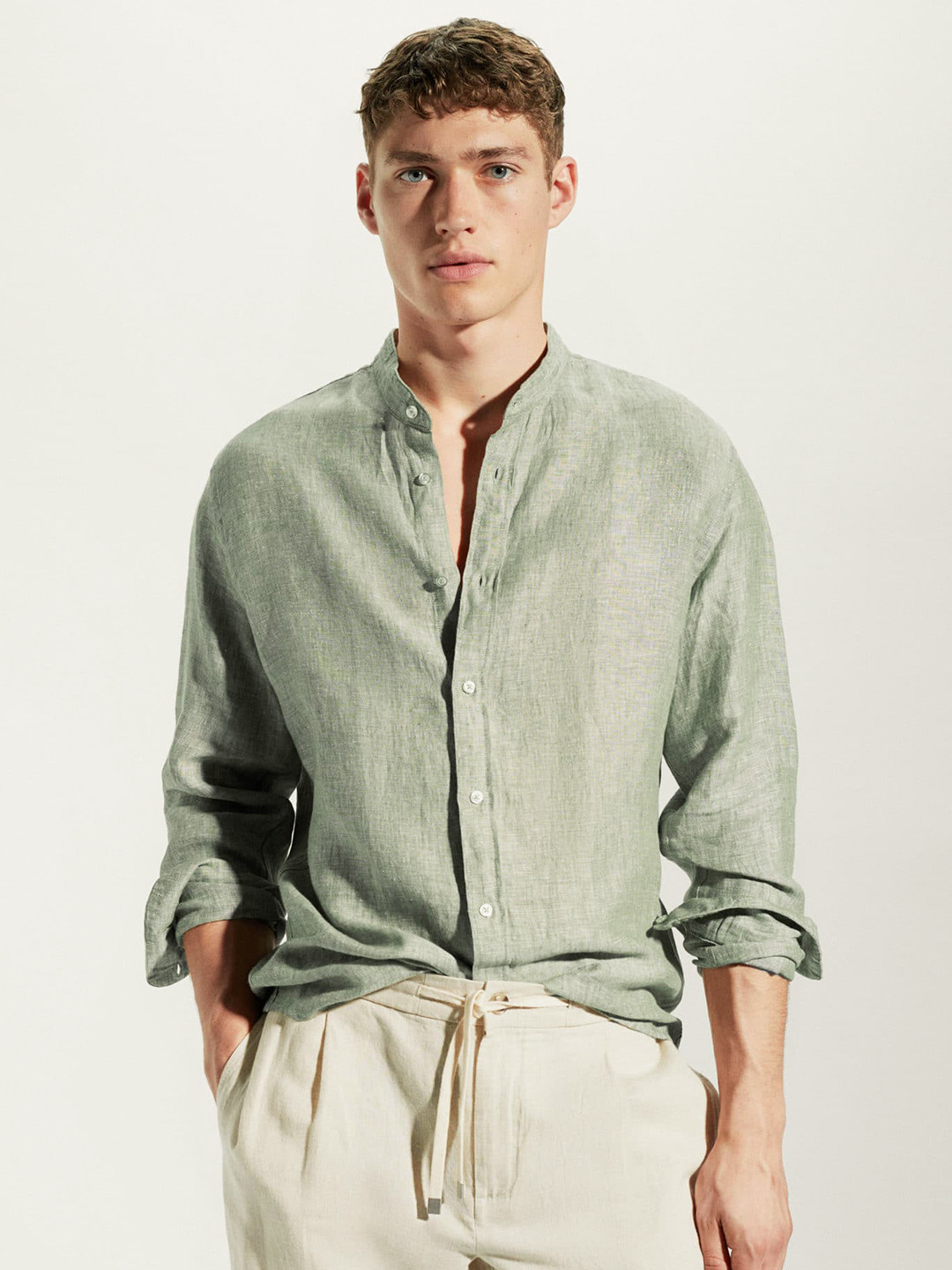 

MANGO MAN Linen Opaque Casual Shirt, Green