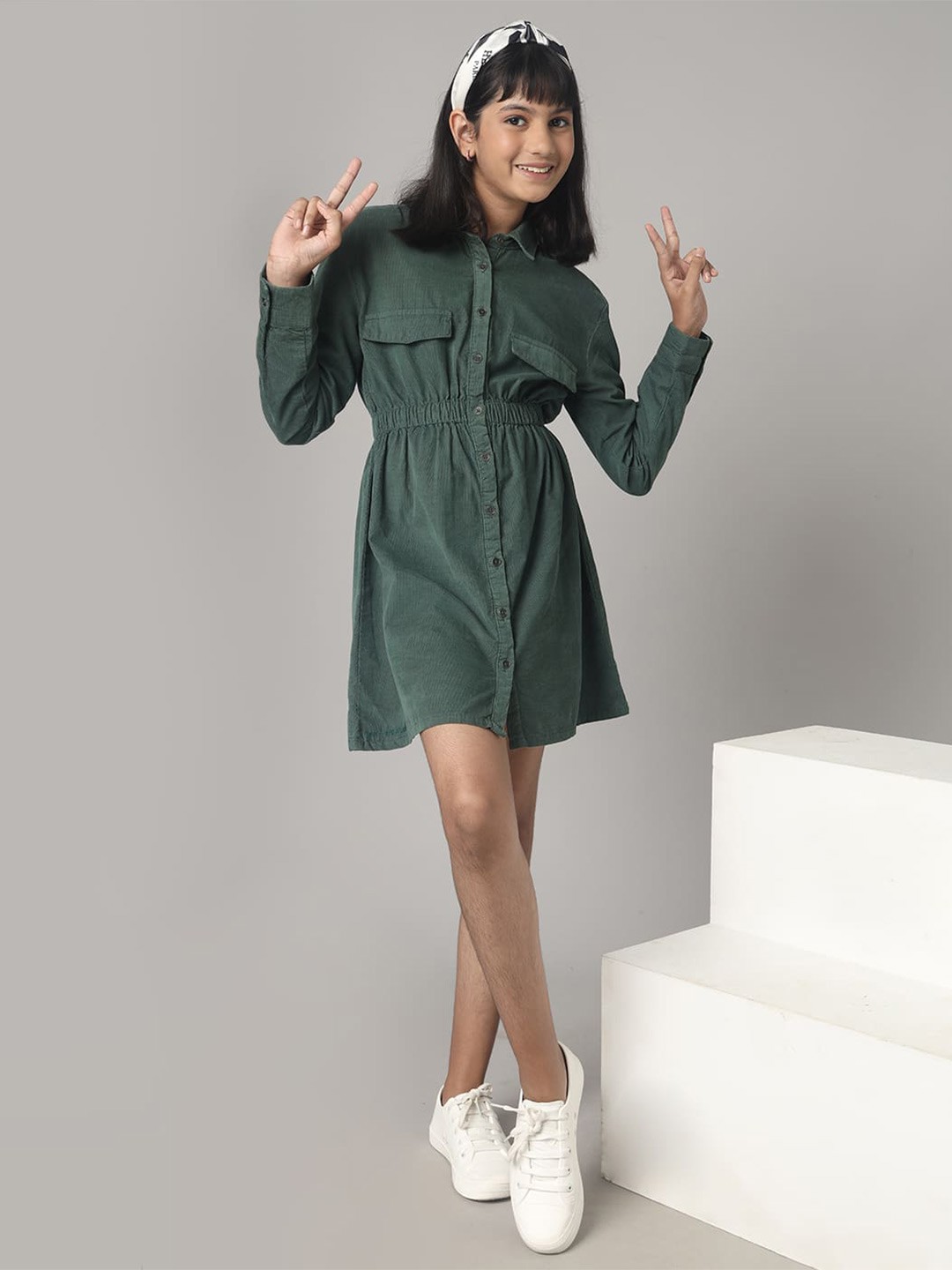 

UNDER FOURTEEN ONLY Girls Shirt Collar Cotton Shirt Mini Dress, Green
