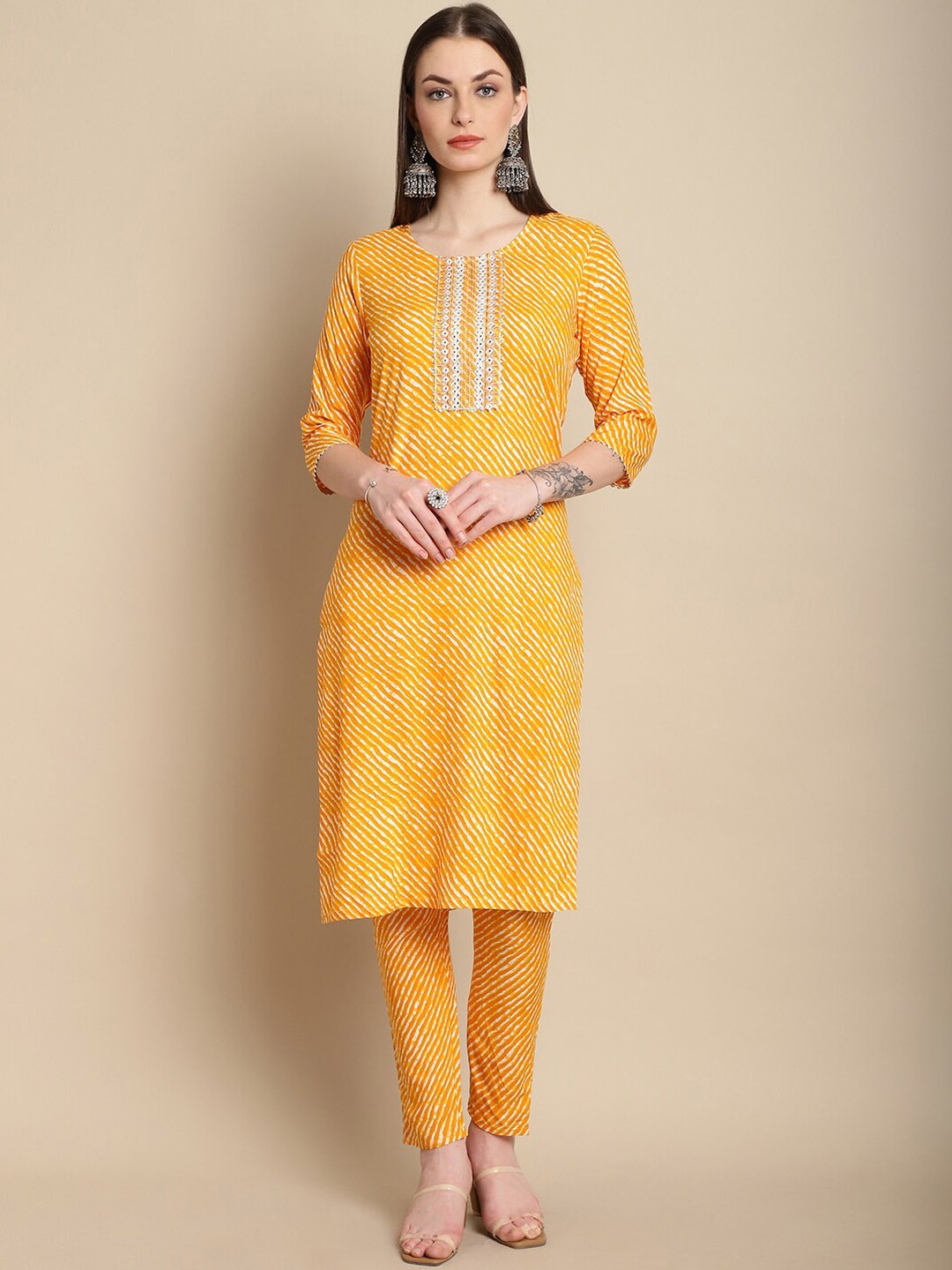 

KALINI Mirror Work Embellished Printed Regular Kurta with Trousers, Mustard