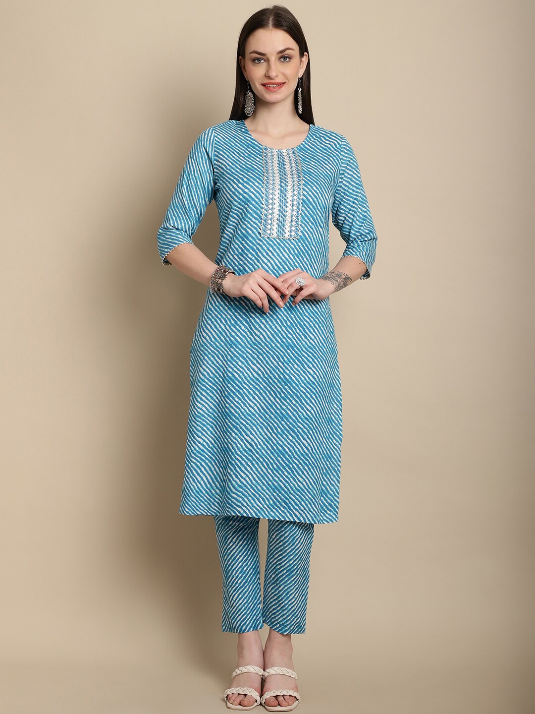 

KALINI Leheriya Striped Regular Mirror Work Kurta with Trousers, Blue