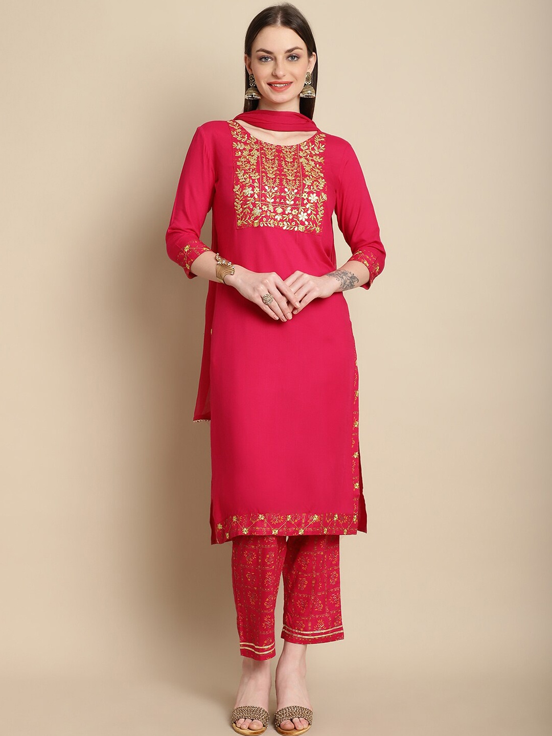 

KALINI Ethnic Motifs Embroidered Regular Thread Work Kurta with Trousers & Dupatta, Red