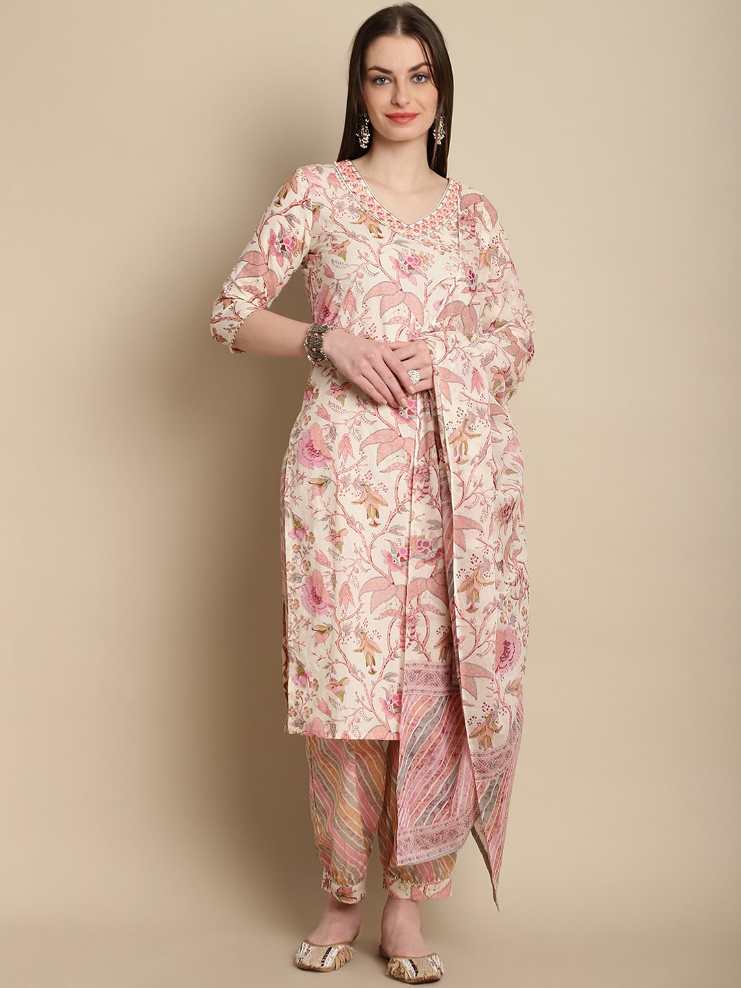 

KALINI Floral Printed Regular Kurta with Trousers & Dupatta, Pink