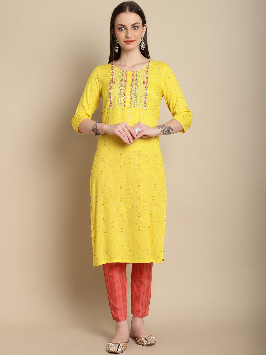 

KALINI Floral Printed Thread Work Kurta with Trousers, Yellow