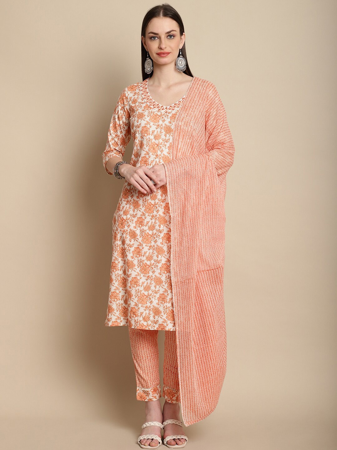 

KALINI Floral Printed Regular Thread Work Kurta With Trousers & Dupatta, Orange