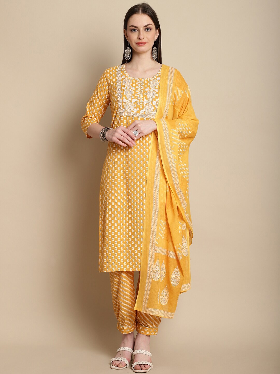 

KALINI Floral Printed Thread Work Straight Kurta & Trousers With Dupatta, Yellow