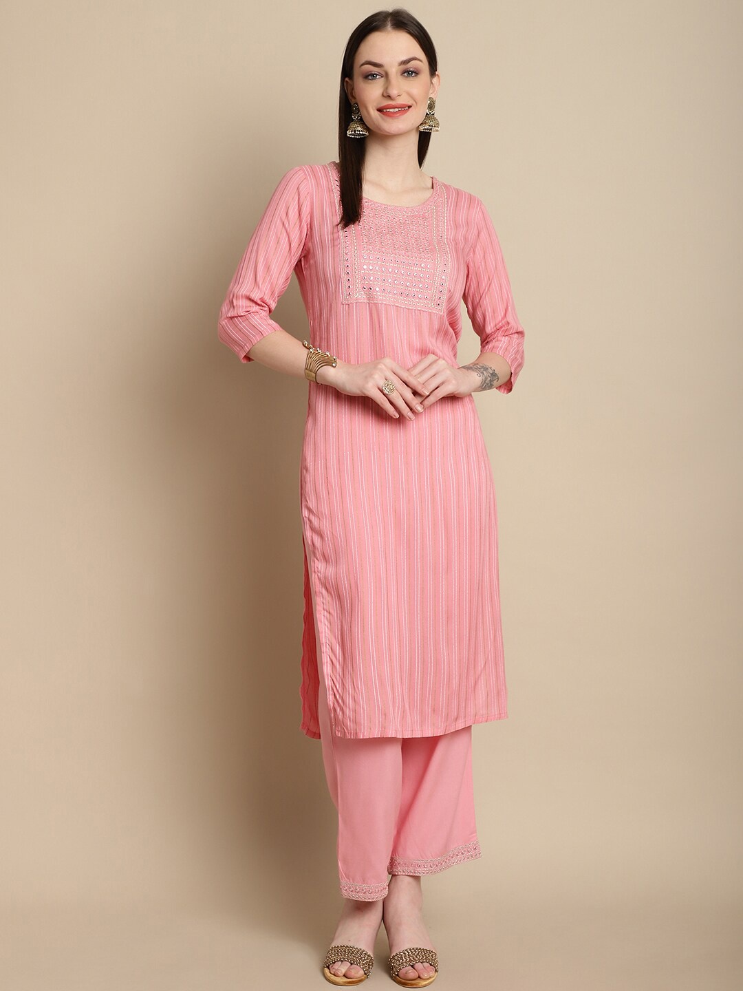 

KALINI Striped Regular Thread Work Kurta with Trousers, Pink