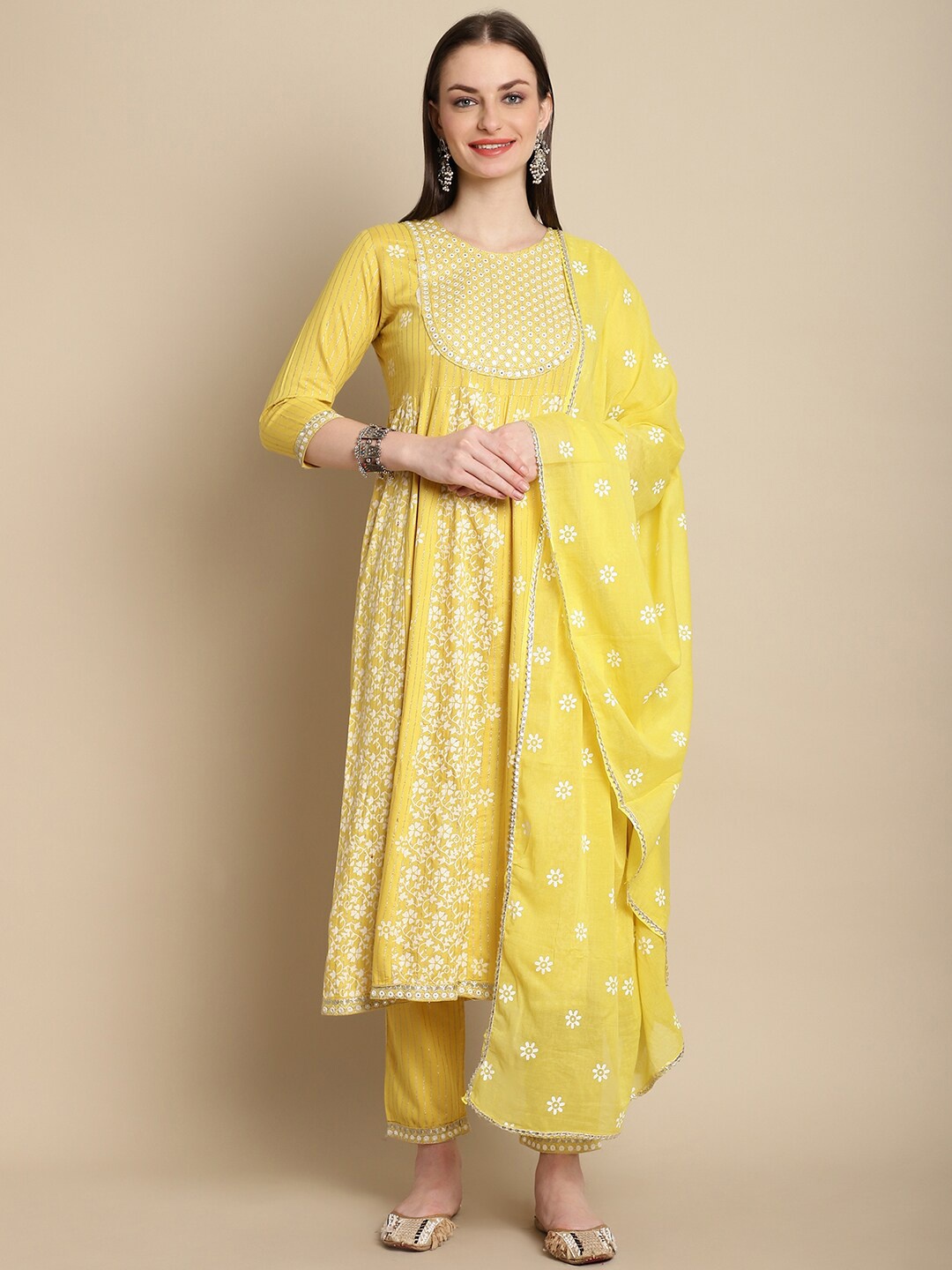 

KALINI Floral Embroidered Regular Mirror Work Kurta With Trousers & Dupatta, Yellow