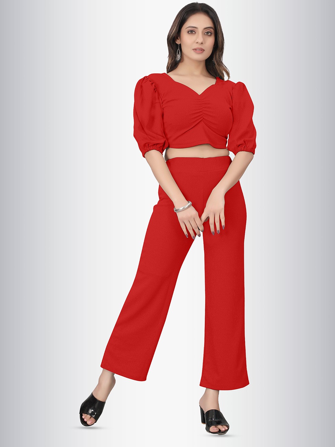

N N ENTERPRISE V-Neck Puff Sleeves Top And Trousers, Red