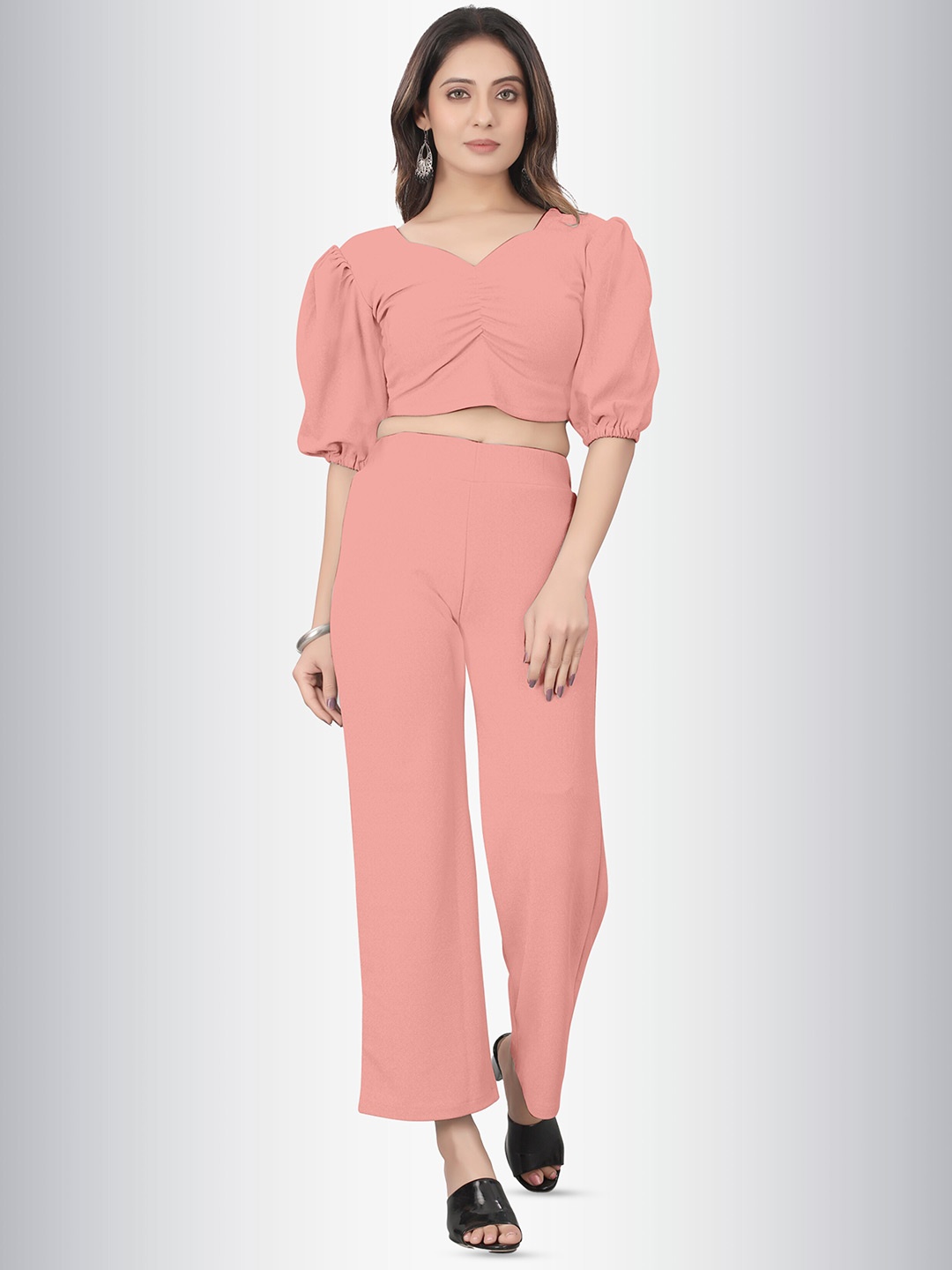 

N N ENTERPRISE V-Neck Puff Sleeves Top And Trousers, Peach