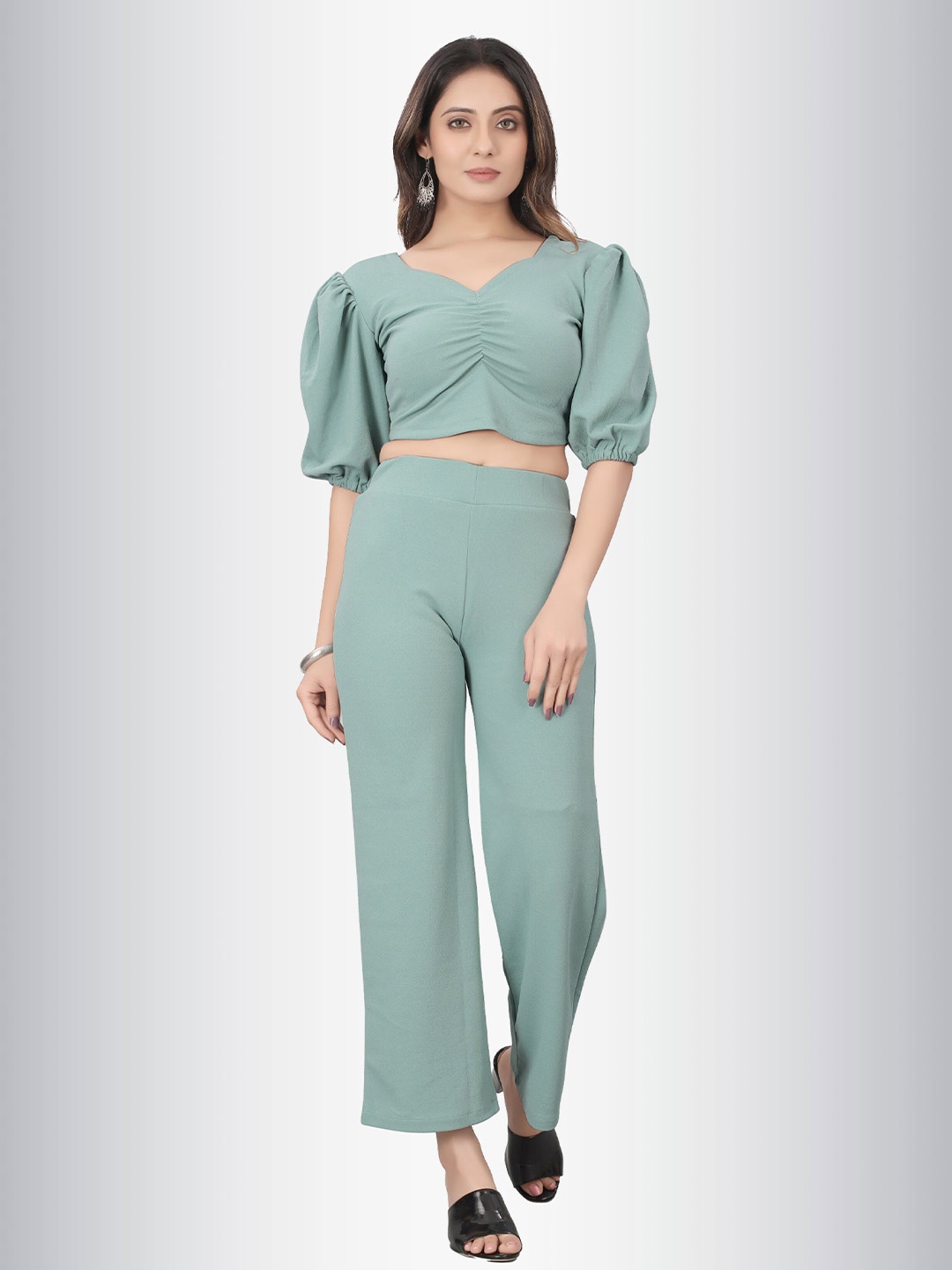 

N N ENTERPRISE V-Neck Puff Sleeves Top And Trousers, Sea green