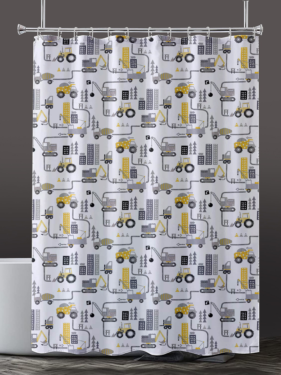 

Lushomes Yellow & Black Printed Waterproof Shower Curtain