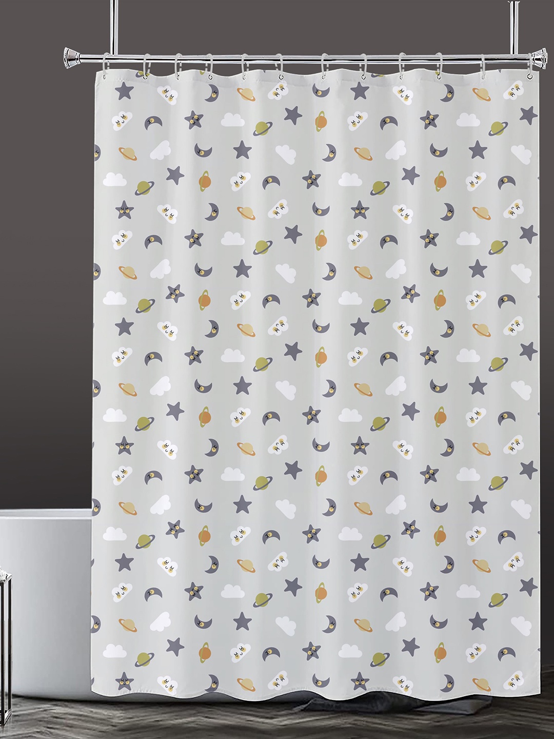 

Lushomes Grey & White Printed Waterproof Shower Curtain With Hooks