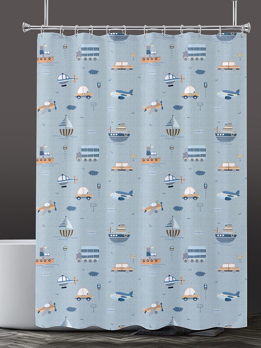 

Lushomes Grey & Blue Printed Water-Proof Shower Curtains With Hooks