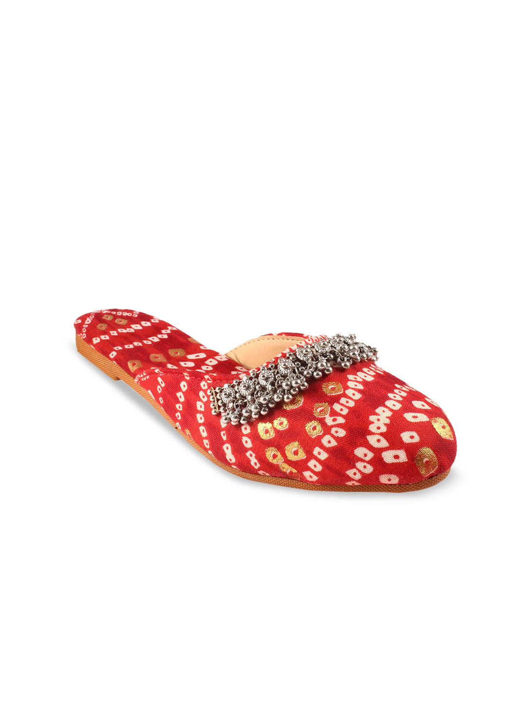 

Apratim Bandhani Printed Fabric Mules, Red