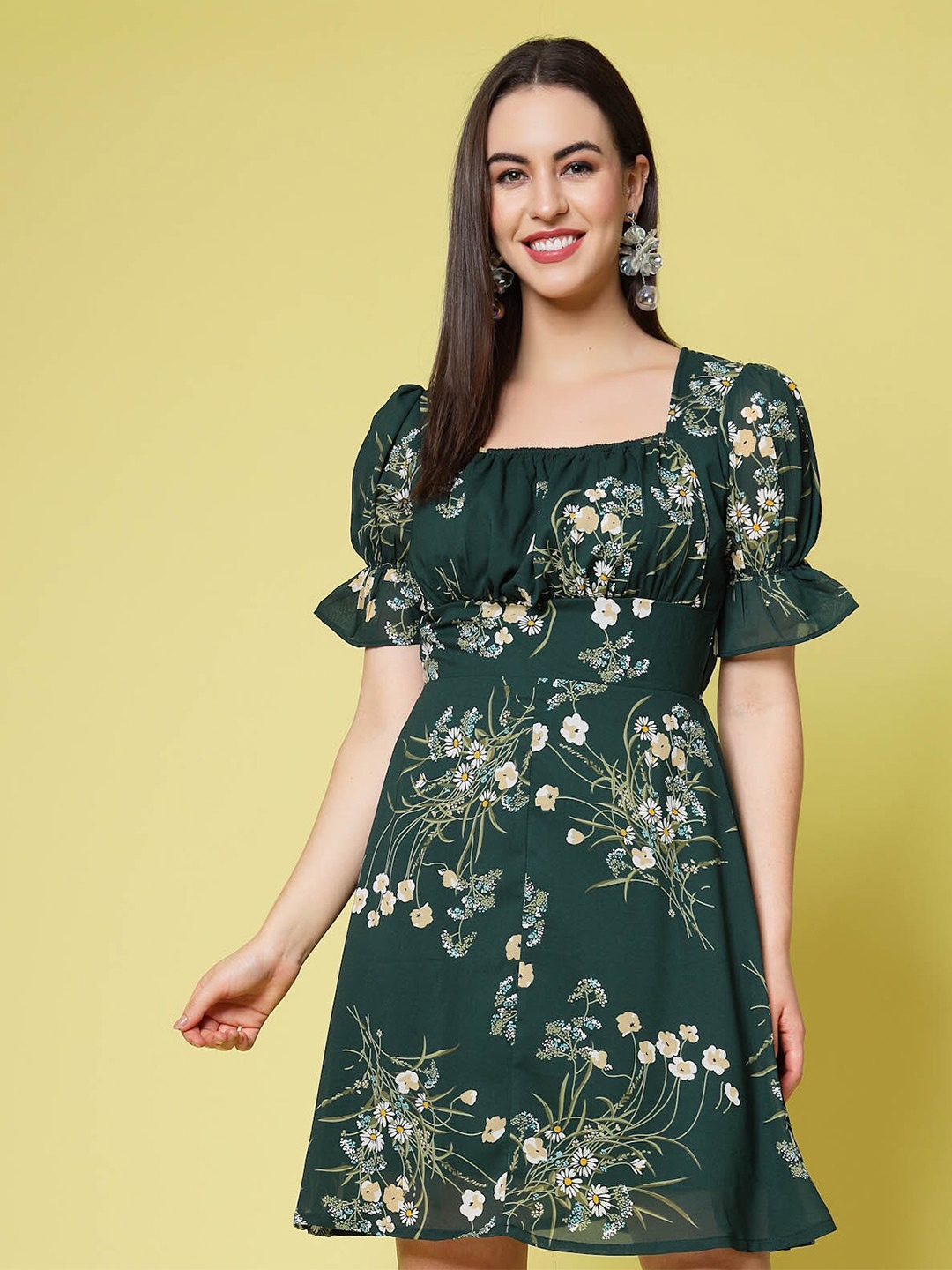 

plusS Green Floral Print Square Neck Puff Sleeve Fit & Flare Dress