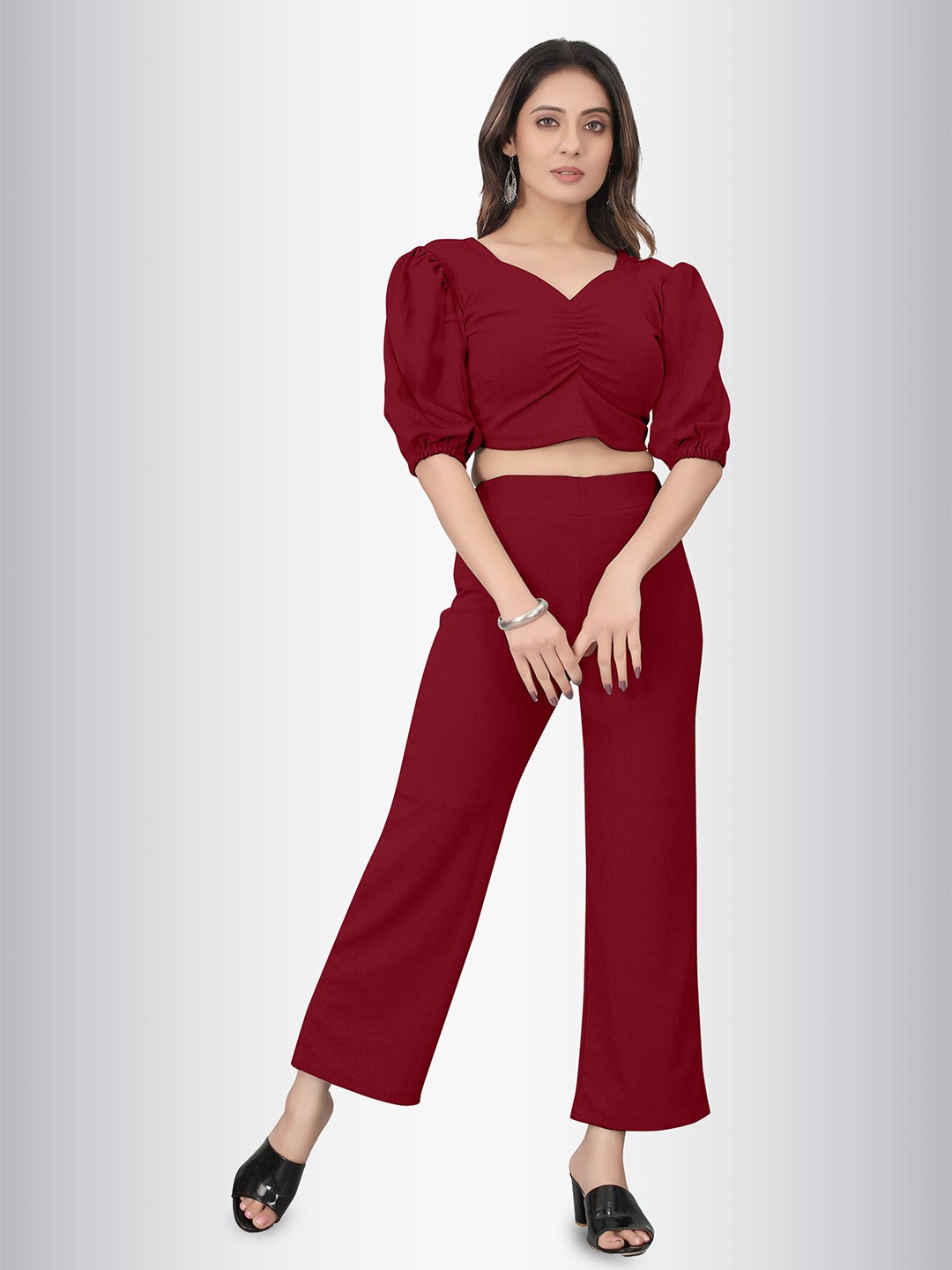 

N N ENTERPRISE Maroon Puff Sleeve Maxi Dress
