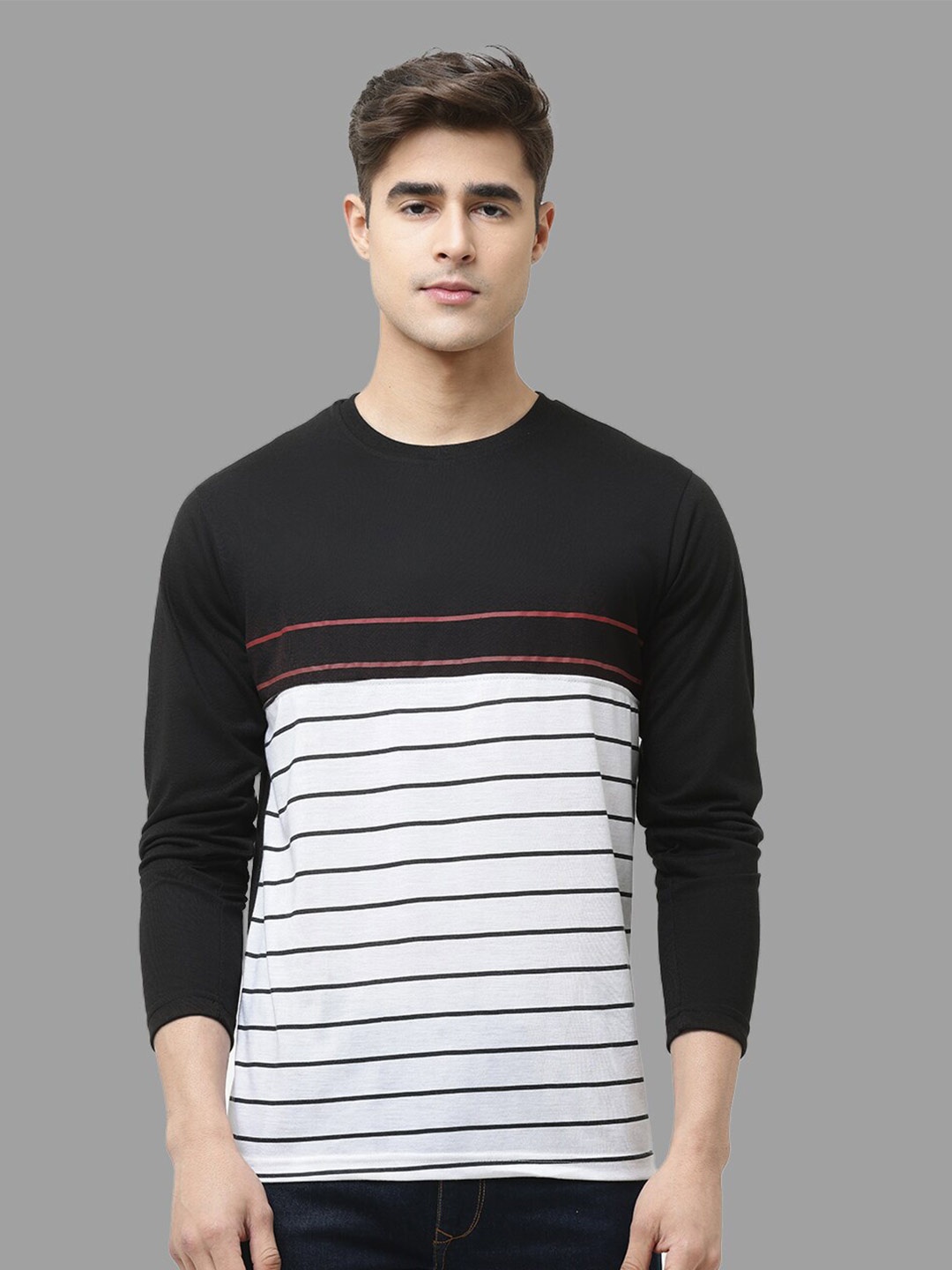 

Leotude Striped Round Neck Cotton T-shirt, Black