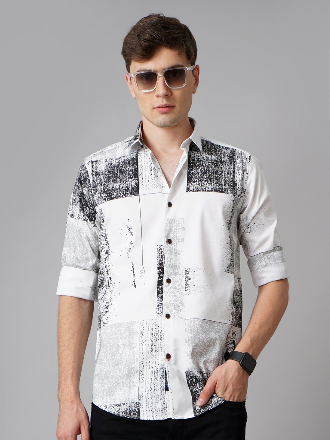 

PAUL STREET Standard Slim Fit Abstract Printed Spread Collar Casual Shirt, White