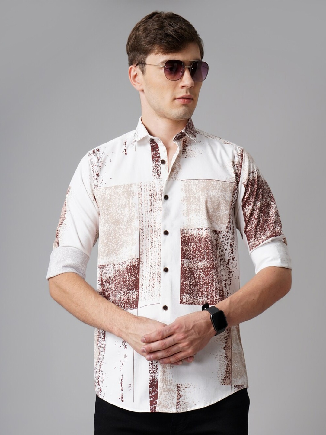 

PAUL STREET Standard Slim Fit Abstract Printed Spread Collar Casual Shirt, White