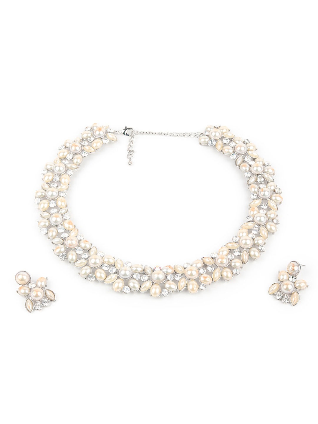 

ODETTE Silver-Plated White Stone-Studded & Pearl Beaded Jewellery Set