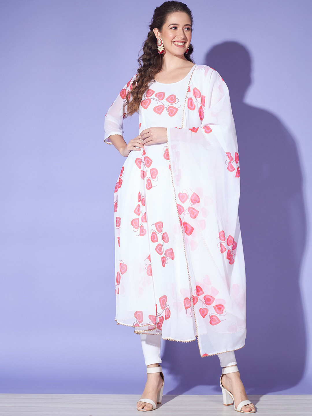 

MORLY Floral Printed Anarkali Gotta Patti Kurta Set With Dupatta, White