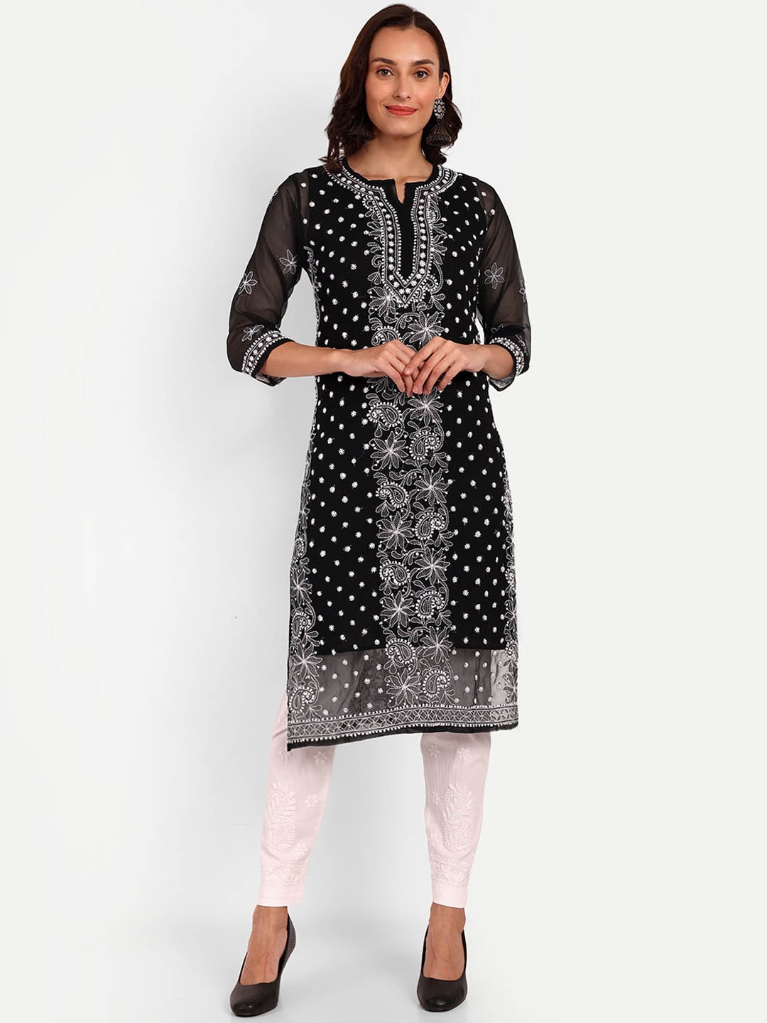 

Indiankala4u Ethnic Motifs Embroidered Chikankari Georgette Straight Kurta, Black