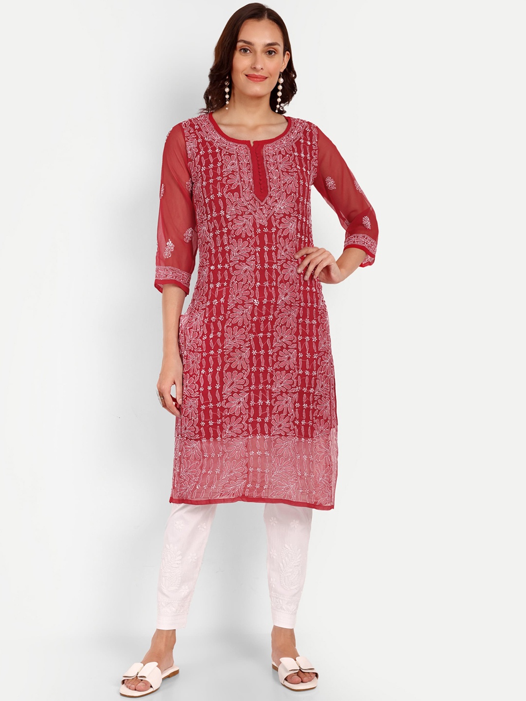 

Indiankala4u Ethnic Motifs Embroidered Chikankari Georgette Straight Kurta, Maroon