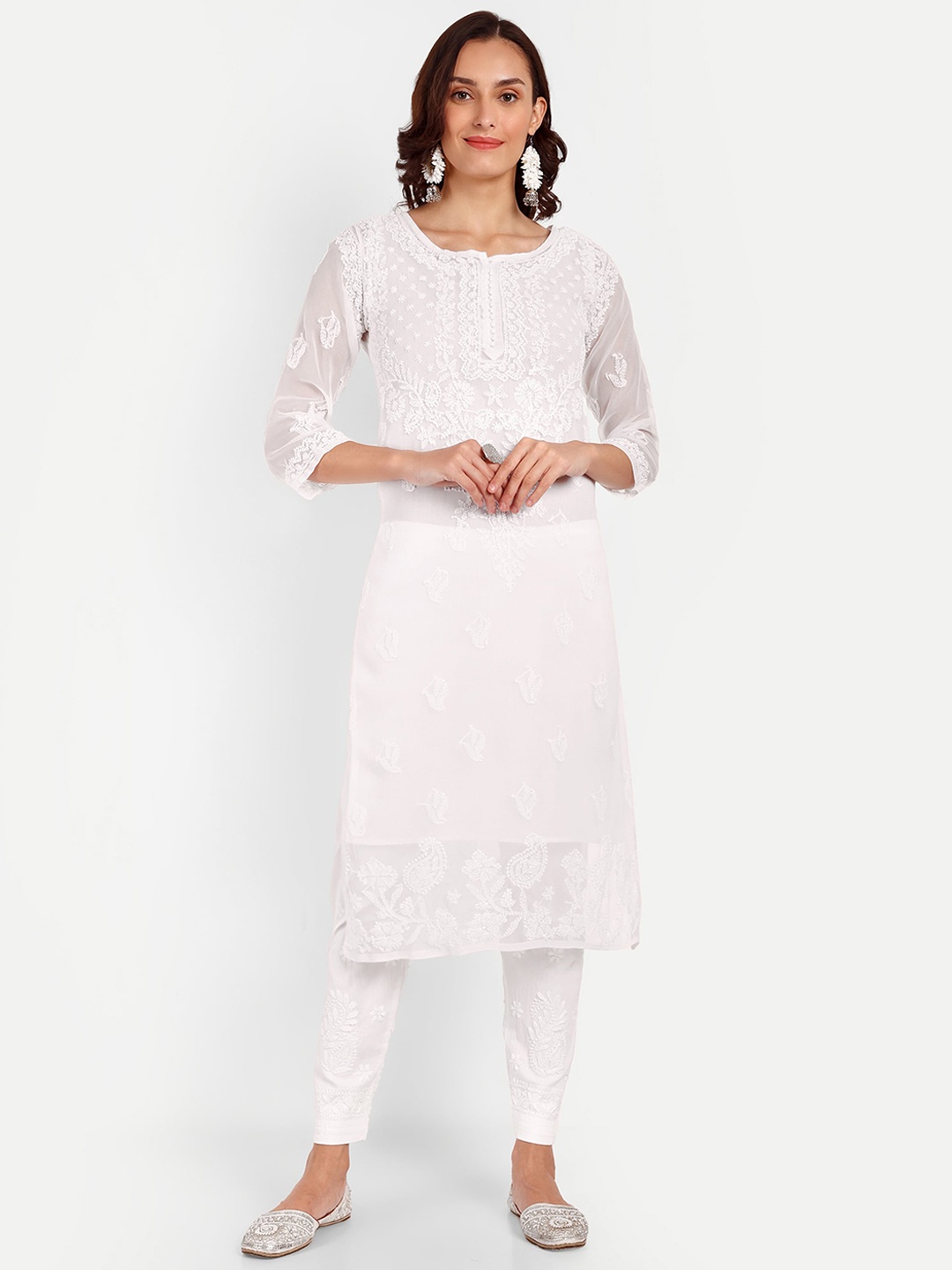 

Indiankala4u Ethnic Motifs Embroidered Chikankari Summer Sheers Kurta, White