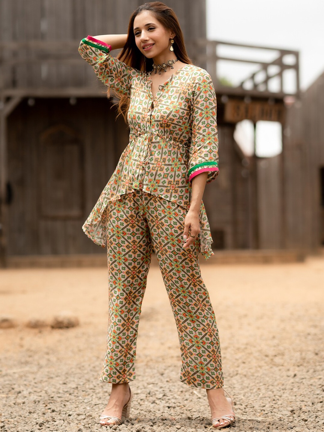 

Ambraee Printed Up-Down Top & Trouser, Green