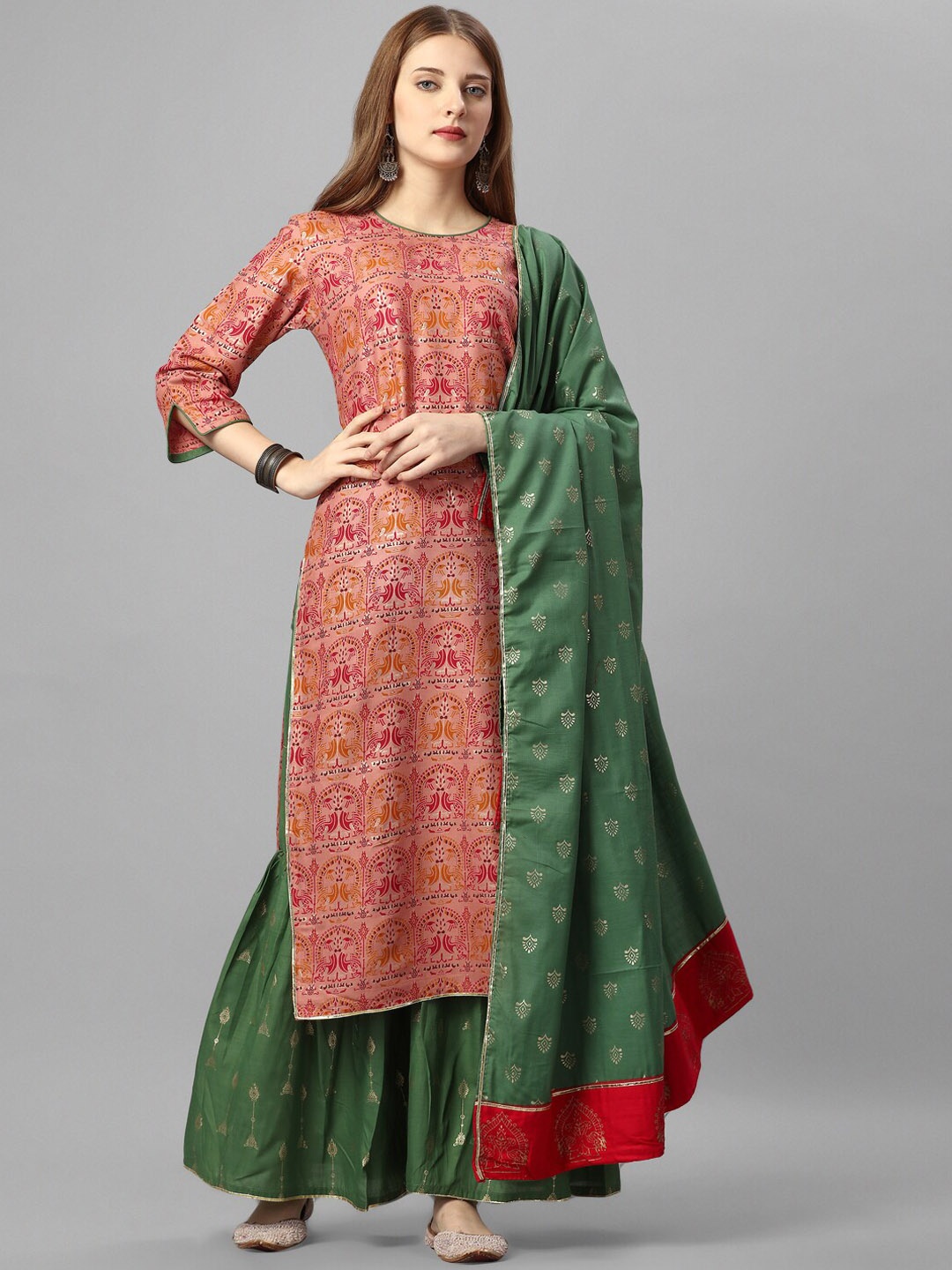 

MEEPAL Ethnic Motifs Printed Regular Kurta with Sharara & With Dupatta, Brown