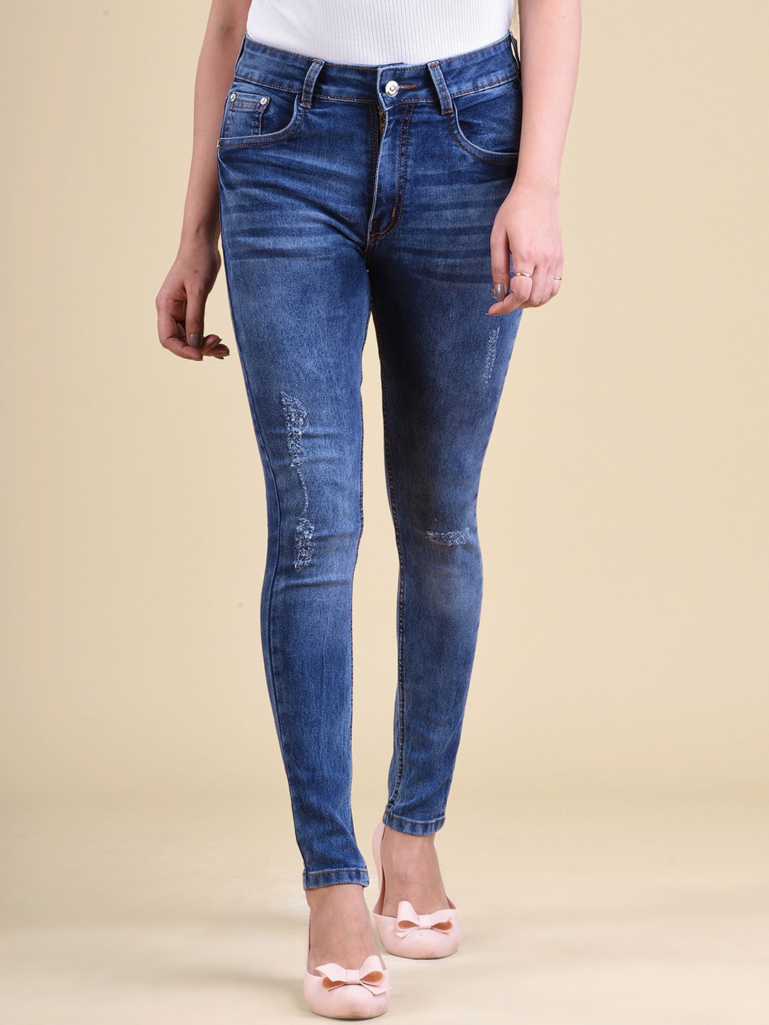 

Quassia Women Skin Tight Skinny Fit Low Distress Light Fade Bleached Stretchable Jeans, Blue