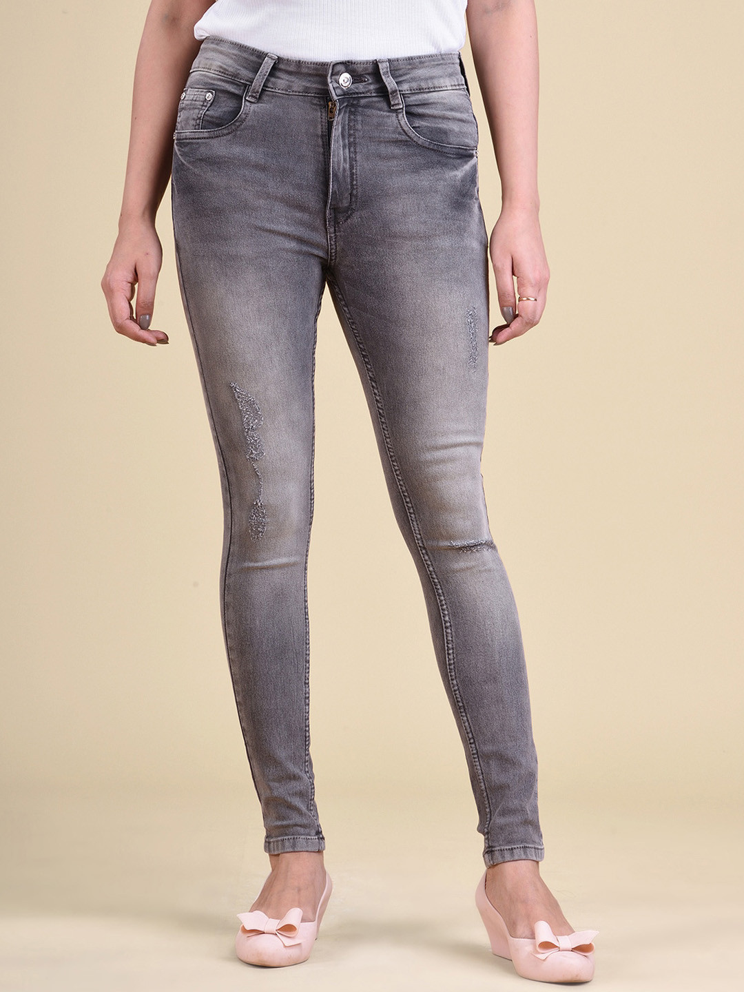 

Quassia Women Skinny Fit High-Rise Low Distress Heavy Fade Bleached Cotton Jeans, Grey