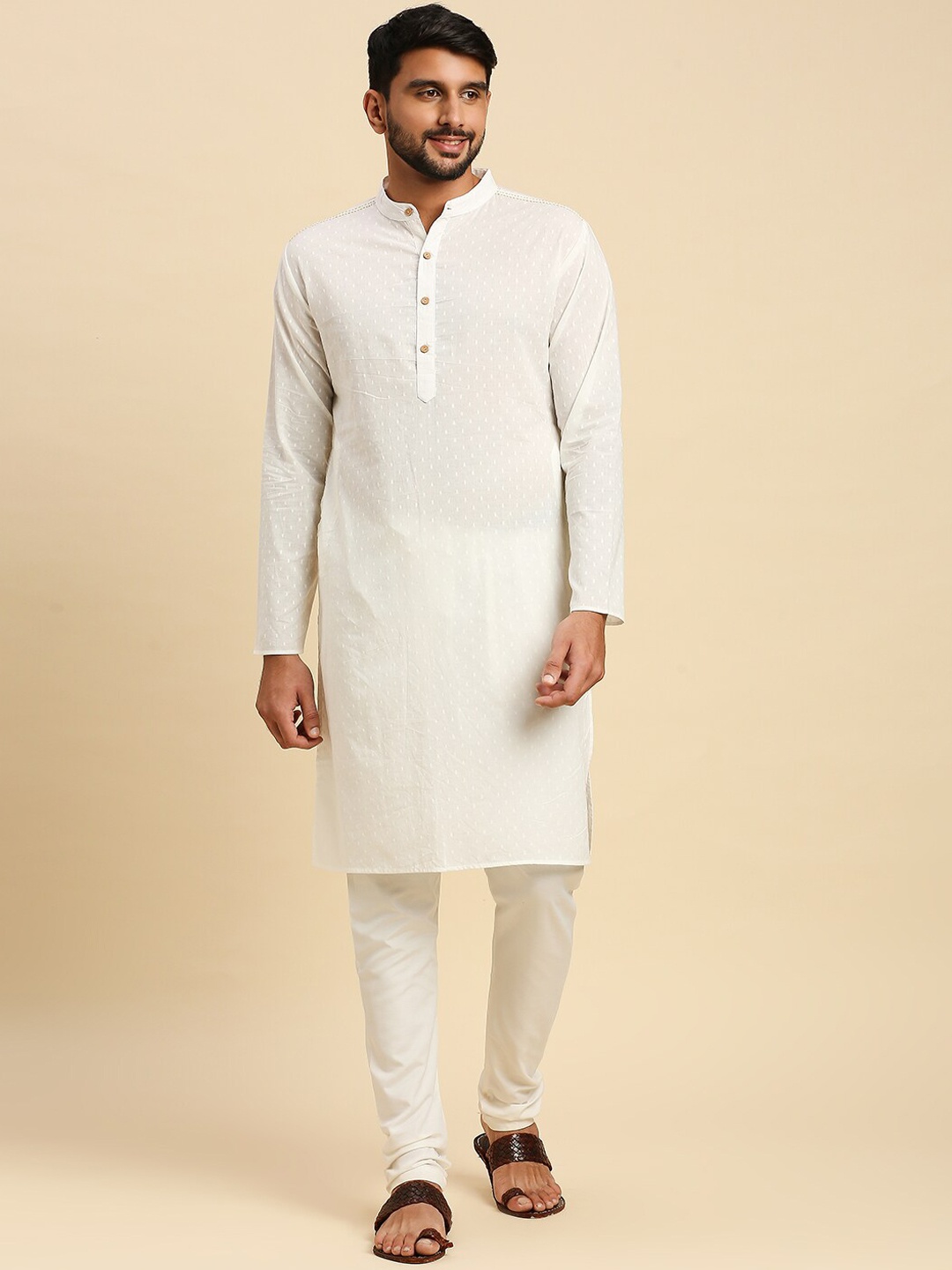 

Anubhutee Dobby Band Collar Long Sleeve Cotton Kurta, White